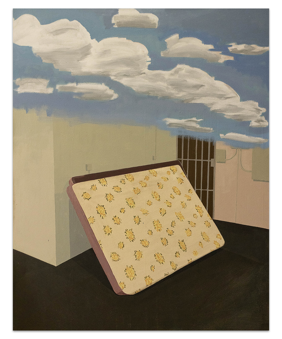 a painting of a mattress and clouds